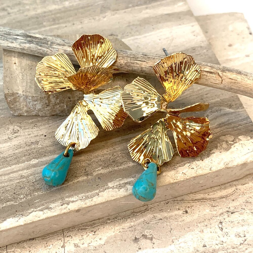 NEW ~ Anthropologie Hyacinth Gold Flower Petal Turquoise Drop Earrings